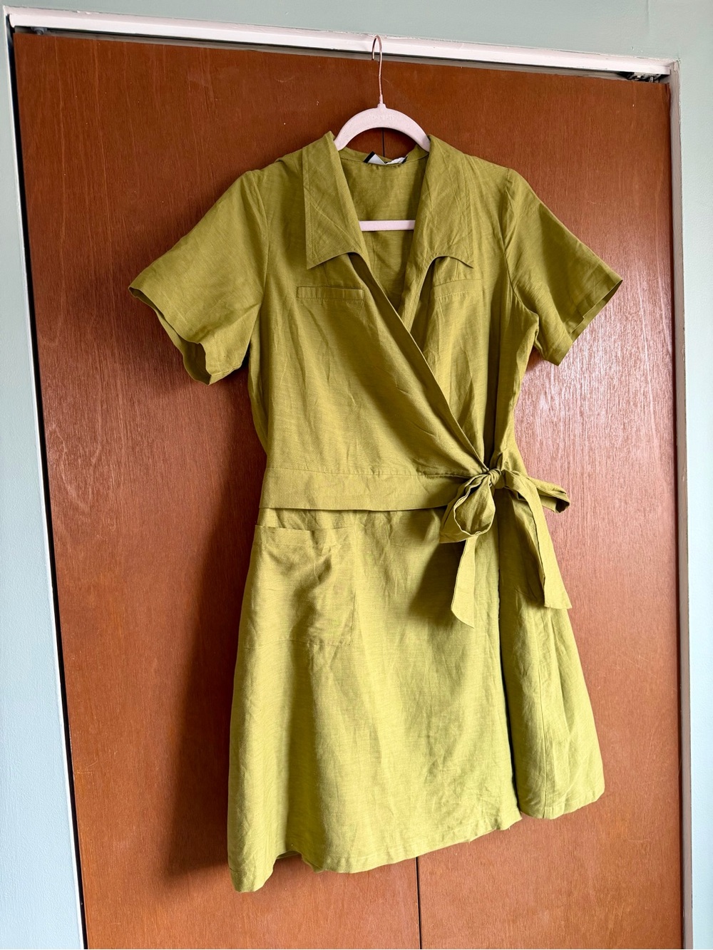 Able Olive Wrap Short Sleeve Mini Dress